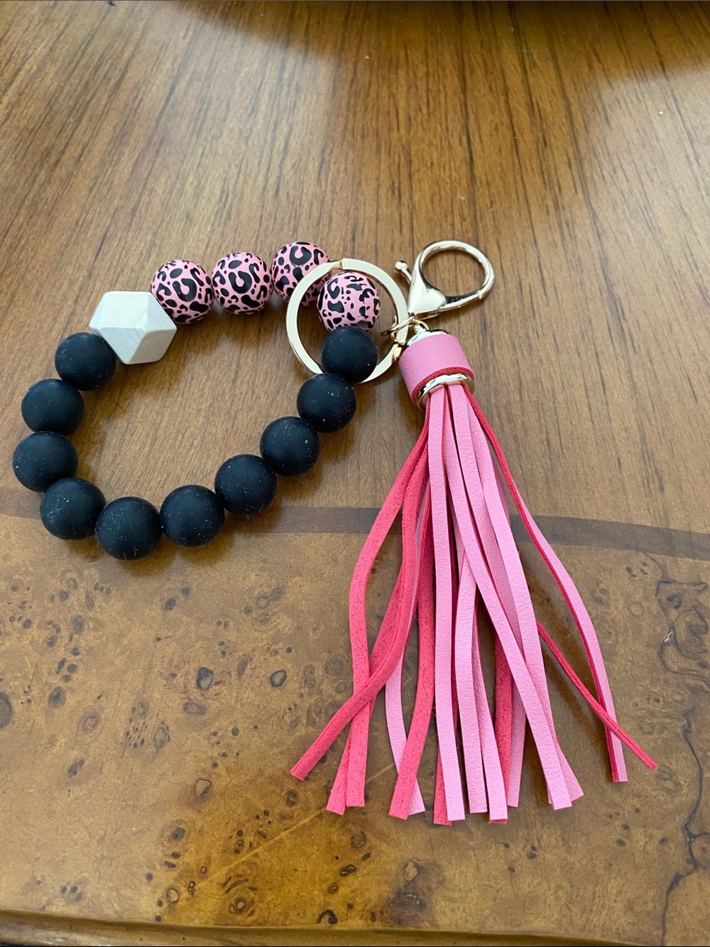 Pink Tassel & Black Bead Keyring Wristlet